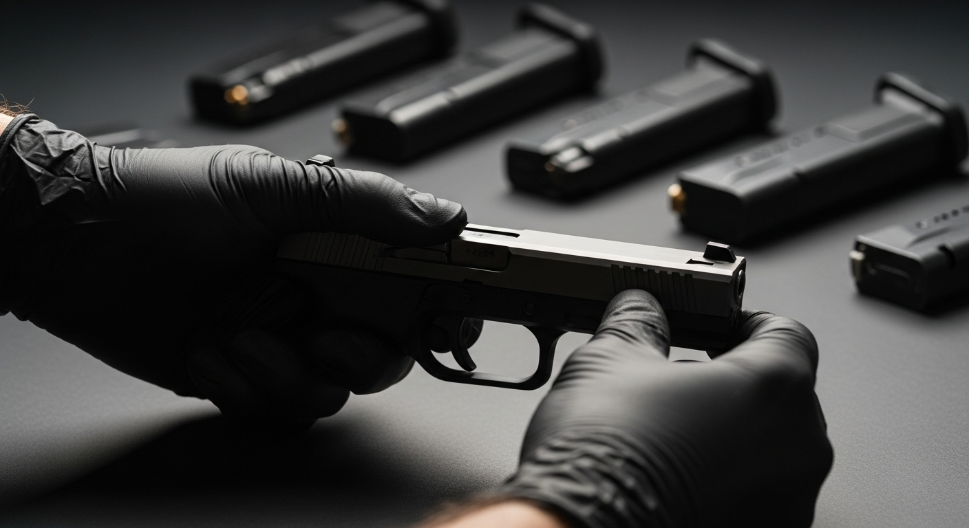 Detailed inspection of a handgun during a firearm selection consultation