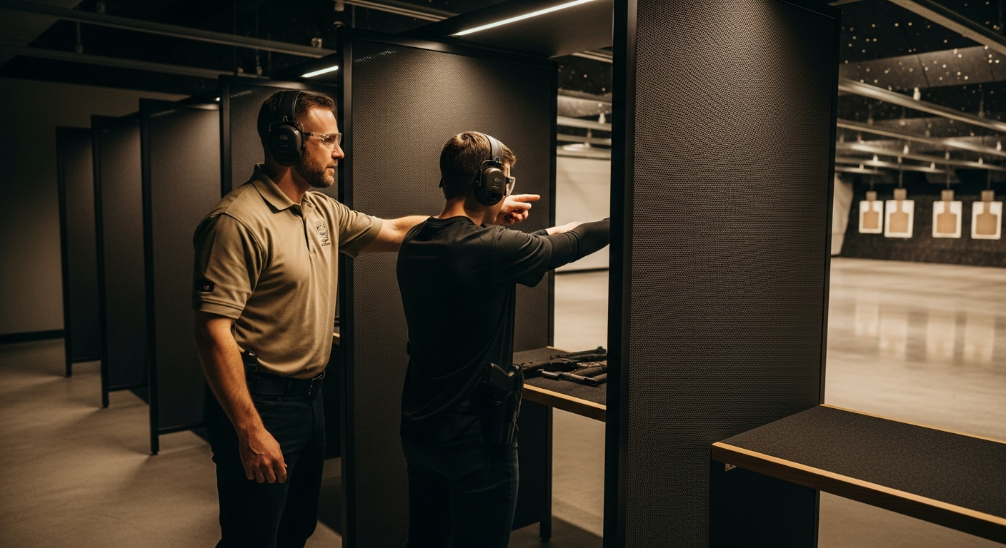 Firearms instructor coaching a student at an indoor shooting range