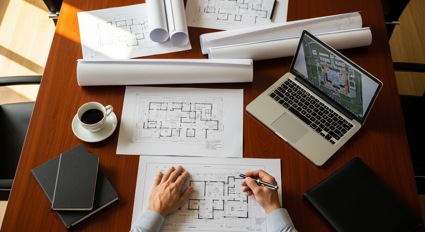 Floorplans and notes laid out on a planning table